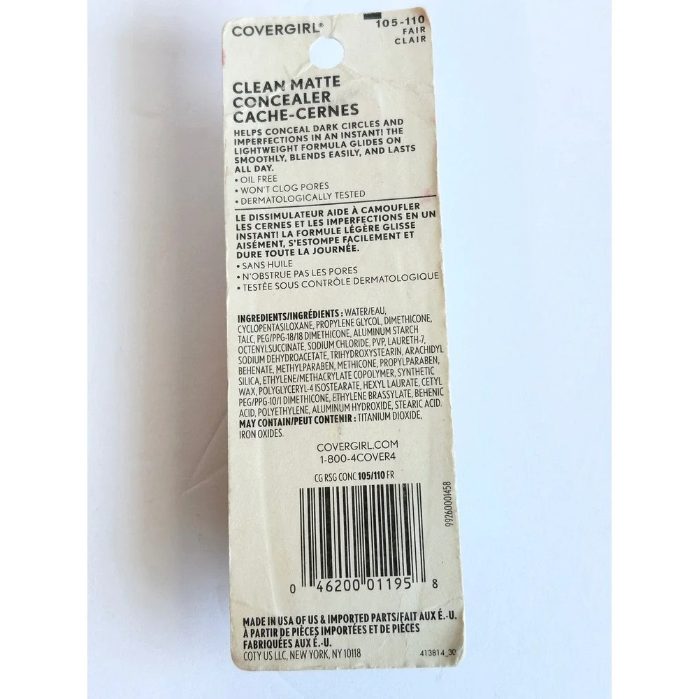 Covergirl Clean Matte Concealer 105-110 Fair Oil Free 11mL .37 fl oz New